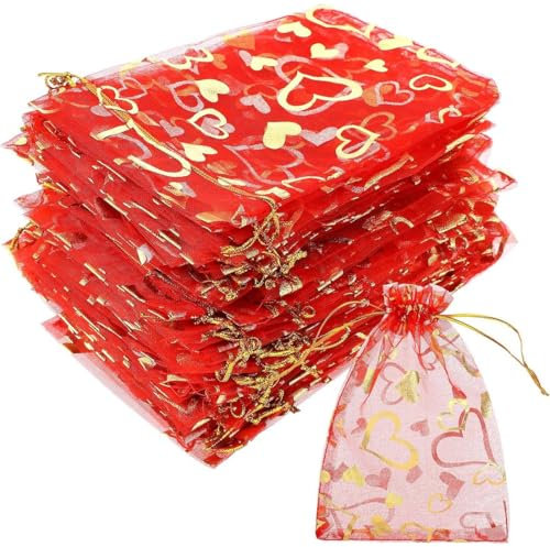 FENQURO 60 Stück weihnachtssäckchen, 9x12 cm Weihnachten Organzasäckchen, Rot Weihnachten Organzabeutel, Kleine Geschenk Organzabeutel, Organzasäckchen mit Kordelzug für Geschenk Weihnachten Deko