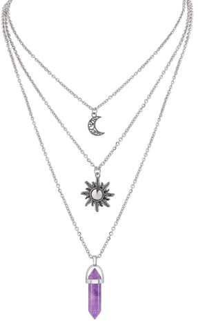 GlamRays Gotischer Sonne und Mond Halskette für Frauen, Kristall Anhänger Halsketten, Y2k Accessoires Schmuck Layered Crescent Mond Halskette für Frauen, Goth Hexen Halskette