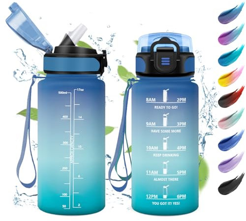 Borraccia Bambini 500ml, a Prova di Perdite, Facile Pulizia, Borraccia con Cannuccia, 1 Clic Aperto, Bottiglia Acqua Motivazionale con Indicatore del Tempo, Borraccia per Campeggio, Viaggio, Scuola