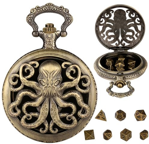 Hshenjhu Mini set di dadi DND, Dadi D&D Set con Steampunk Vuoto Polpo Custodia per Orologio da Tasca, Set di 7 Dadi in Metallo Poliedrico, Accessori per Giochi da Tavolo di Ruolo, Bronzo