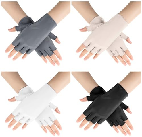 Yolev 4 Paar UV Handschuhe Nägel Sonnenschutz Halbfinger Handschuhe für Damen Rutschfeste Dünn Fäustlinge Gloves Seide für Gel Maniküre