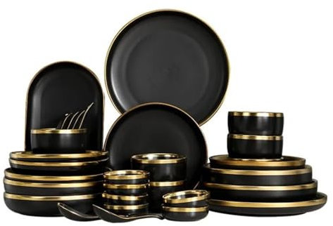 Vajilla Platos de porcelana negra for la cena, platos de cocina, vajilla de cerámica, bandeja for comida, cuenco for arroz, ensalada y fideos, juego de cubiertos Cuencos Y Platos Para Cena, Picnic, Ca