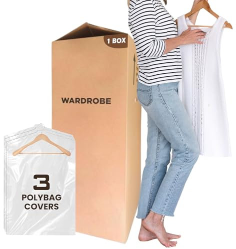 Large Strong Cardboard Double Wall Wardrobe Boxes | Portable Hanging Garment Carrier With Hanger Rail & Heavy-Duty Wardrobe Moving Boxes | Easy Access & Spacious Design for Hassle-Free Moving