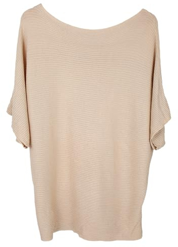 FULIER Boot-Ausschnitt Batwing Kurzarm-Pullover Lose Gestrickt Sommer Pullover T-Shirt für Damen Einheitsgröße (Kurzarm Khaki)