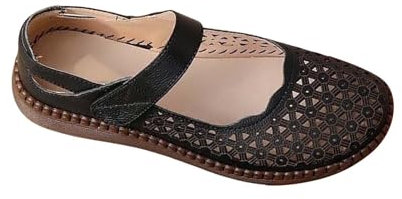 Mary Janes Damen-Wanderschuhe, flach, Leder, hohl, leger, runder Zehenbereich, Slipper, leicht, modisch, geschlossene Zehen, flache Sandalen, Schwarz , 39 EU