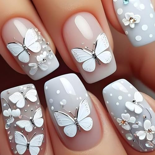 Cosmeria Press on Nails, 24 Stück Schmetterling Design Kurze Quadratische Kunstnägel mit Blumenprägung, Weißer Verlauf Frühlings-Acrylnägel