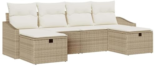 vidaXL Garten-Sofa-Set mit Kissen 6 pcs Beige Poly Rattan, Garten und Terrasse, modulares Sofa-Set, robuster Rattan, verstellbare Füße, gemütliche Lounge-Möbel