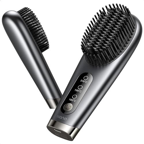llano Kabellose Glättbürste Mini Haarglätter BürsteTragbarer Haarglätter für Anwendung unterwegs, 3 MCH Heiztechnologie (Dunkelgrau)