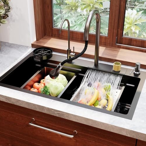 DeerValley Evier Multifonction en Acier Inoxydable 304 avec Robinet Extensible, Lave-Verres Haute Pression, Cascade, Distributeur de Savon et Rail de Travail – Évier Cuisine Intégré Complet 75 * 46cm