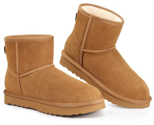 KIDMI Women's Classic Genuine Suede Mini Boots Fuzzy Snow Booties with Fur Lined, Chestnut 38