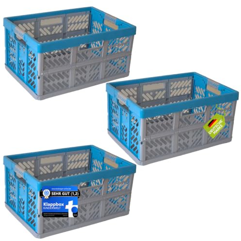 KiNDERWELT 3 x Robuste Profi - Klappbox 45 L bis 50 kg - Faltbox, Kiste, Korb zur Aufbewahrung, Transport - blau