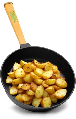 Poêle en fonte - Avec poignée en bois amovible - Compatible avec l'induction, Fonte, 26 cm
