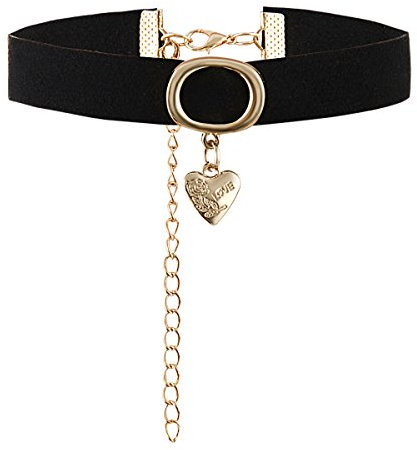 JewelryWe Schmuck Damen Choker Halskette, schwarz gotische Seil Goldrohr Velvet Spitze Choker Tattoo Punk Gothic Länge einstellbare Halsband mit Love Gravur Herz Anhänger