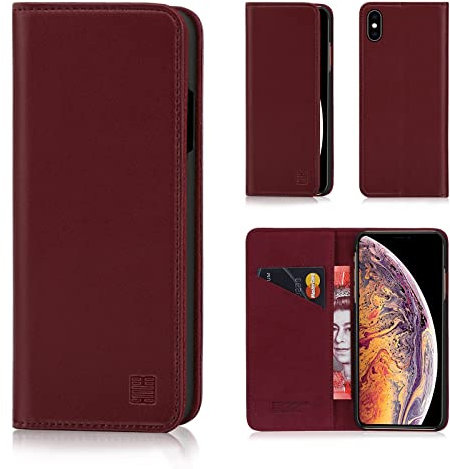 32nd Classic Series - Real Leather Book Wallet Flip Case Cover For Apple iPhone XS Max, Real Leather Design With Card Slot, Magnetic Closure and Built In Stand - Burgundy