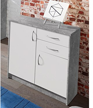 möbelando Kommode Anrichte Beistellschrank Hochkommode Standschrank Schrank Olli III Beton/Weiß