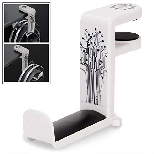 ENHANCE PC Gaming Headset Hook Holder Hanger Mount - Headphones Stand with Adjustable 360 Rotating Arm, Under Desk Clamp On Design, Universal Fit, Built in Cable Clip Organizer - White
