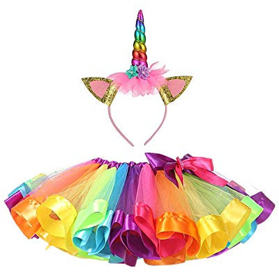 DIXIUZA Einhorn Kostüm Prinzessin Set 2 Stück,Mädchen Prinzessin Kleider, Einhorn Haarreif für Mädchen für Geburtstag Verkleidung Cosplay Kindergeburtstag Karneval