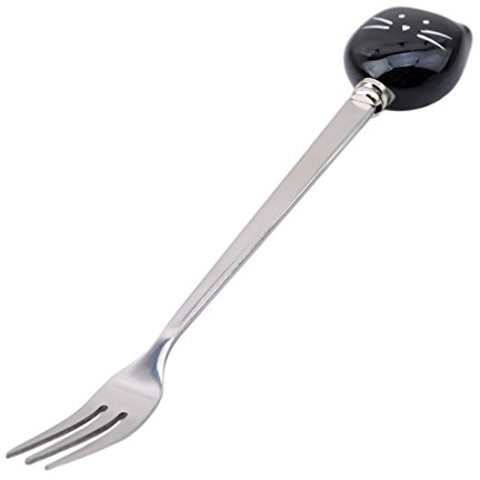 Toporchid Cartoon Cute Cat Fork Stainless Steel Long Handle Stirring Spoon Fruit Fork Coffee Spoon Ceramic Handle(Black cat Fork)