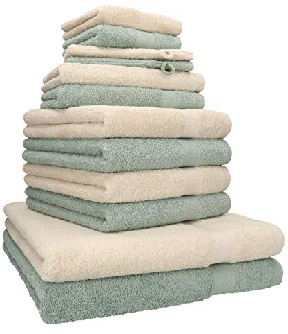 Betz 12-TLG. Handtuch Set Premium 100% Baumwolle 2 Duschtücher 4 Handtücher 2 Gästetücher 2 Seiftücher 2 Waschhandschuhe Sand/heugrün