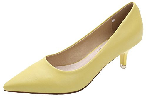 WUIWUIYU Women's Girls' Fashion Pointed Toe Kitten Heel Pump Shoes Size 5.5 Yellow