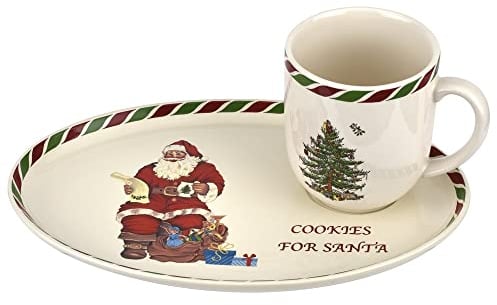 Spode Christmas Tree Candy Cane Cookies for Santa Mug & Tray Set | 2 Piece Tea and Dessert Plate set, for Breakfast, Desserts and Teatime, 14 oz Mug and 11 Inch Tray made of Porcelain, Multicolored,