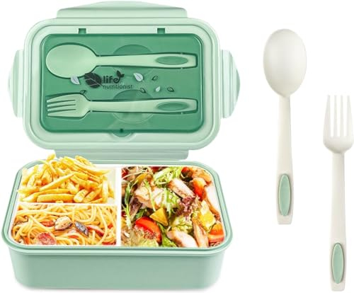 Jrancc Caja de Bento Caja de Almuerzo 1400 ml con 3 Compartimentos y Cubiertos Tenedor y Cuchara Verde para Hornos de Microondas y lavavajillas Salud Duradera