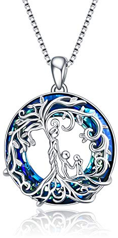 TOUPOP Tree of Life Necklace Birthday Present for Mum from Son Sterling Silver Family Tree 2 kids Pendant Blue Crystal Necklace for Mother and Daughter Jewellery Gifts for Mum Christmas Gifts