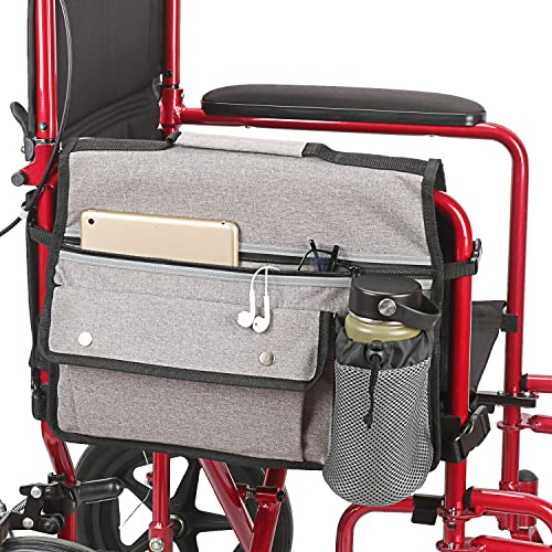 Rollstuhl-Organizer-Aufbewahrungstasche, doppelseitige Armlehnentasche mit Becherhalter und Reflektorstreifen, für Rollstühle und Gehhilfen (Grau)