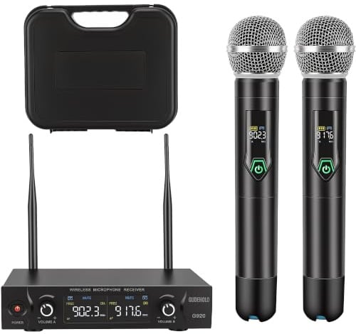 GUDEHOLO Wireless Microphone System with case, Metal UHF Dual Handheld 20 Channels Professional Cordless Mic System for Church, DJ, Karaoke,Wedding, Home KTV Set (Green)