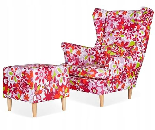 Family Meble Ohrensessel mit Hocker, Modell Print, Skandinavisch, Relaxsessel aus Webstoff, Loungesessel, Ohrensessel mit Hocker, Bequemer Sessel, Für Wohnzimmer, Esszimmer, Schlafzimmer, Blumen 3
