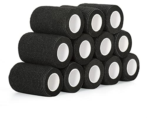 12 Rollen Selbsthaftende Bandage Cohesive 7,5cm x 4,5m Selbstklebender Verband Haftbandage Elastische Binde Für Erste Hilfe Finger Hand Fixierverband Pet Vet wrap Kohäsive Pflasterverband (Schwarz)
