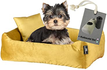 Rohrschneider Luxus Hundebett Kuschelsofa mit Rand, Weich - Inklusive Hundekotbeutel, Samt-Stoff 81.000 Scheuertouren, Senf, Größe S (kleine Hunde)
