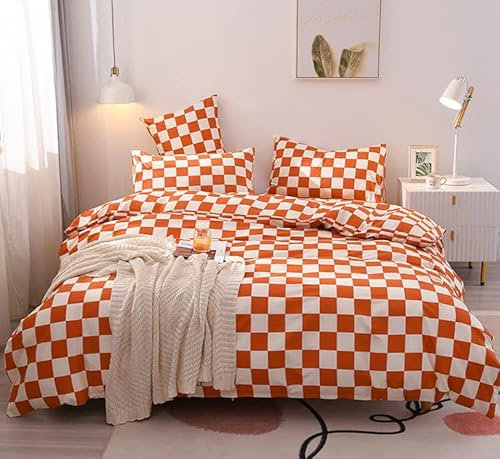KAREVER Orange Weiß Gitter Bettdecke Set Queen Burnt Orange Plaid Bettwäsche Set Frauen Rot und Weiß Kariert Bettdecke Set Atmungsaktiv Decke Set Herren Langlebig Bettwäsche Bettdecke Set