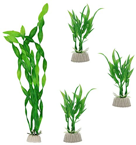 Plantas de decoración de acuario, 4 plantas artificiales de plástico, decoración de plantas de pecera de resina, decoraciones de pecera de simulación vívida, plantas acuáticas falsas realistas
