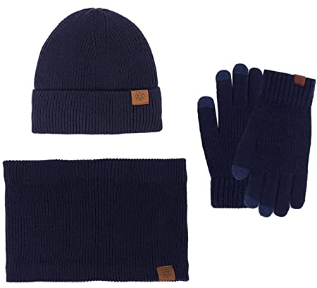 Mutze Schal Set Damen Blau, Schal Touchscreen Handschuhe Set wärmerer Hals dicker Strickmütze Set Winter Strickmütze, Nackenwärmer Handschuhe Mütze Schals Touchscreen Fäustlinge für Männer und Frauen