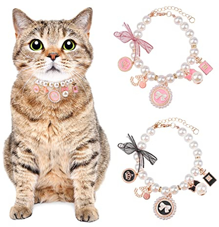 URROMA 2 Stück Haustier Perlen Halsband Verstellbare Schleife Design Perle Halsband Halskette für Katzen Kleine Hunde, S