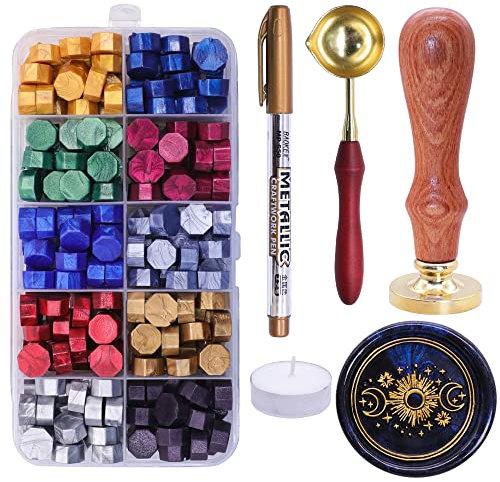 SWANGSA Siegelstempel-Set Sonne und Mond mit 200 Wachsperlen, ideal für die Verzierung von Einladungen, Weinpaketen, Geschenkidee