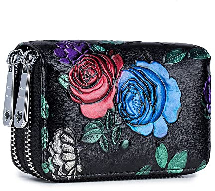 LUMoony Geldbeutel Damen Leder Doppel Reißverschluss Viele Fächer Münztasche Geldbeutel mit RFID-Schutz Große Kapazität Echt Leder Geldbörse Clutch Portemonnaie Münztasche Blumen Bunt