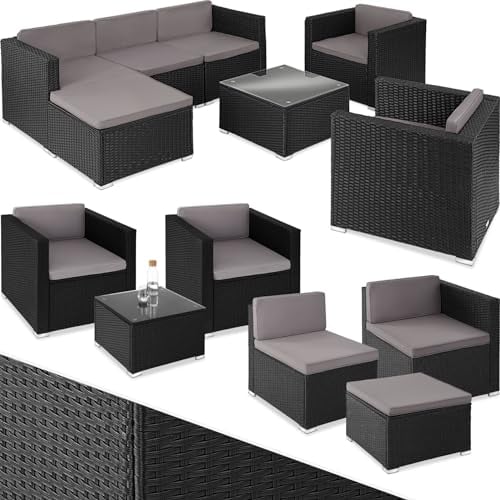 tectake® Poly Rattan Lounge, Outdoor Sitzgruppe, Set mit Sofa, 2 Sesseln, Hocker, Tisch, frei kombinierbar, Gartenmöbel für 5-6 Personen, für Garten Terrasse Balkon, inkl. Polster - schwarz