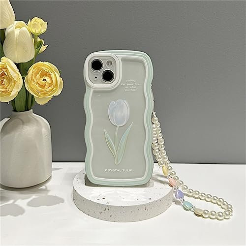 Emlivi Coque de protection pour iPhone 14, avec bracelet à perles, esthétique, mignonne, en TPU, motif : cœur, paillettes, perles, vagues, pour femme et fille, tulipe