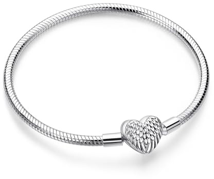 Symretie Schlangen Gliederarmband mit Herz Verschluss,Damen Basis Charm Armband 925 Sterling Silber,Metall Armbänder für Bead Charms,Moments Armkette