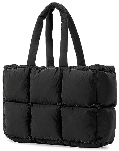 Herald Puffer Tote Bag für Frauen, große gesteppte Puffy Handtasche Leichte Winter Daunenpolsterung Gitter Satchel Geldbörse, Schwarz, Large