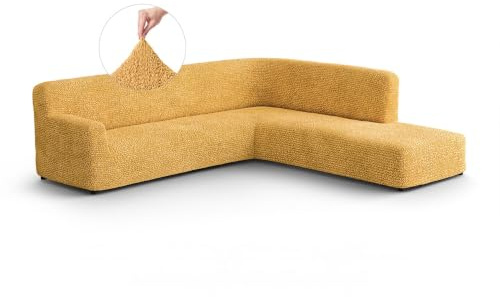 PAULATO - Ecksofa-Husse mit rechter Halbinsel aus einfarbiger Mikrofaser (gesehen von vorne), bi-elastisches, kratzfestes und maschinenwaschbares Gewebe, patentierte Made in Italy - Senf