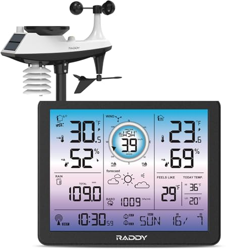 Raddy VP7 5-in-1 Wireless Weather Station for Indoor & Outdoor | 7.4 Large Digital Color Screen with Barometer, Rain Gauge, Wind Speed, Atomic Clock, Weather Forecast