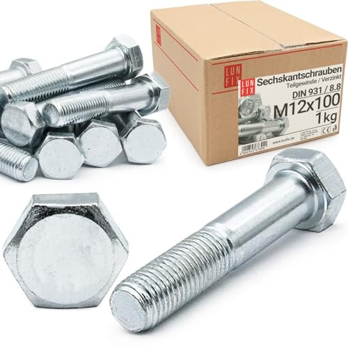 Viti a testa esagonale M12 x 100 DIN 931, 1 kg (circa 10 pz.), filettatura parziale, classe 8.8, viti filettate in acciaio zincato con testa esagonale, viti per macchina a 6 bordi con gambo, bulloni