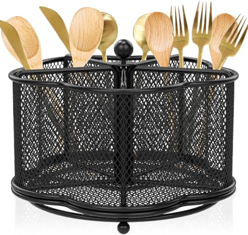 Kitchen Utensil Holder 360° Rotating Metal Mesh Utensil Organizer 5 Compartment Desktop Pencil Caddy Dining Tables Flatware Storage Basket