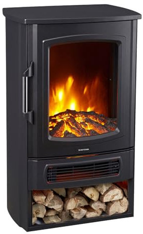 Neo 1000W / 2000W Freestanding Electric Fire Stove Heater Burner Realistic Flame and Log Store (Black)