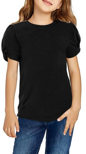 Arshiner Girls T-Shirts Puff Sleeve Kids Summer Round Neck Short Sleeve Tops Casual Cotton Fashion Tee Shirt for Girls 6-7 Years Black