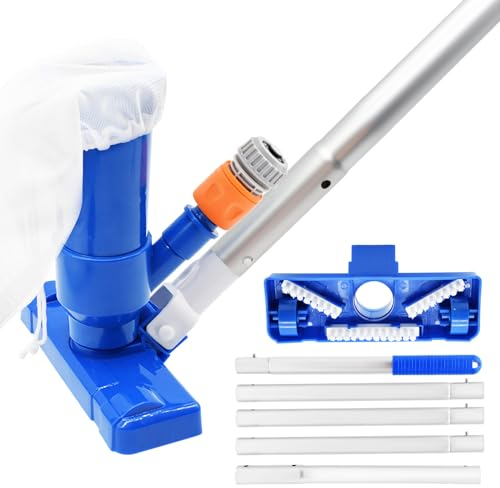 Aspirateur de piscine portable pour piscine hors sol – Kit d'aspirateur sous-marin amélioré avec brosse avec 5 poteaux de 177,8 cm, petit aspirateur pour spas, étangs, sols, fontaines