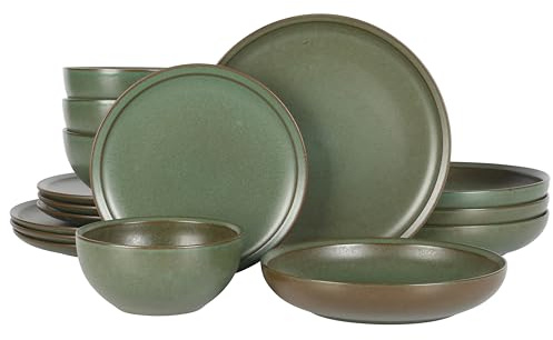 Gibson Elite Beckett Stoneware Matte Reactive Glaze 16 Piece (Service for 4) Plates and Bowls Dinnerware Set - Green